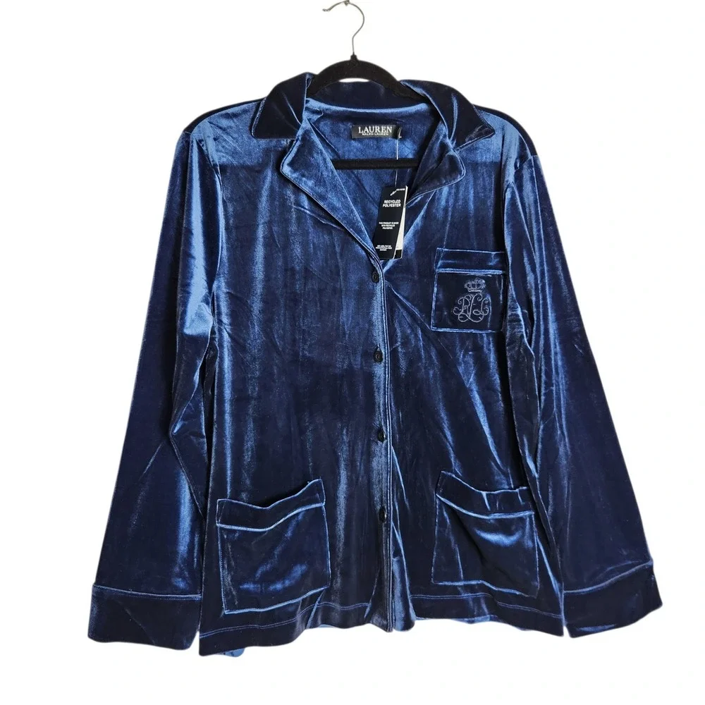 Lauren Ralph Lauren Blue Velvet Pajama Set L Long Sleeve Top Pants